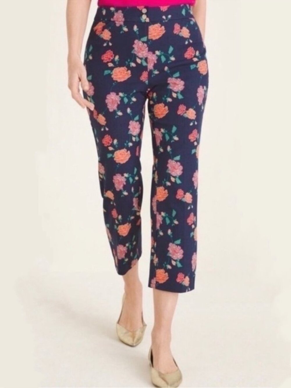 2/$30 Chico's Floral Embroidered Double-Button Ankle Pant High Rise Navy #A6083